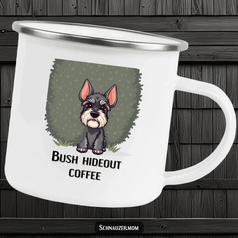 Funny Schnauzer dog camping mug, depicting a dog peeking from behind a shrub, perfect for enjoying drinks on the go.