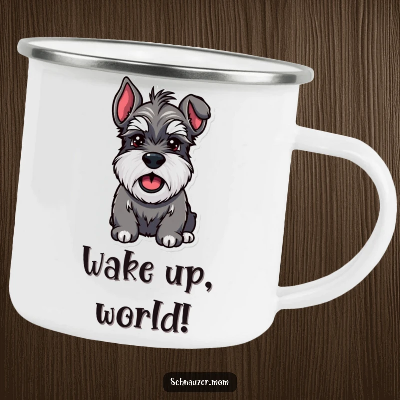 Funny Schnauzer camping mug of a sturdy dog with bushy eyebrows barking enthusiastically, designed for happy outdoor enjoyment.