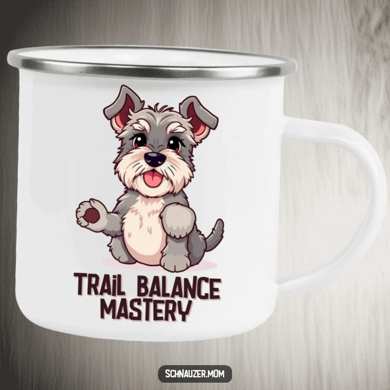 Funny Schnauzer camping mug performing a headstand, ideal for outdoor adventures and humorous coffee or tea drinking.