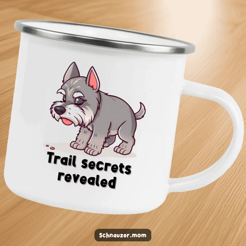 Funny Schnauzer Lady Camping Mug showing a dog intently sniffing the ground. Perfect for outdoor humor, a funny gift.