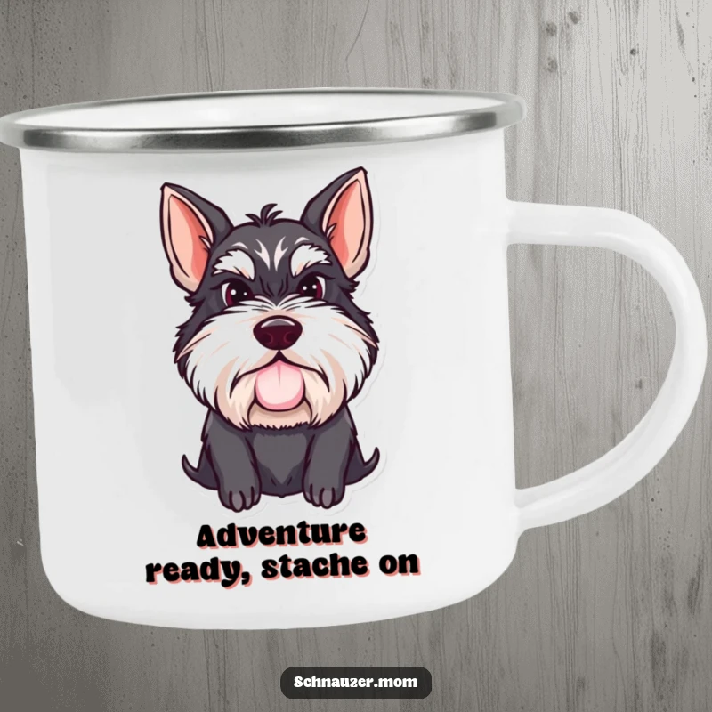 Funny Schnauzer lady camping mug: a determined dog with a proud mustache, ready for outdoor brews and humorous conversations.