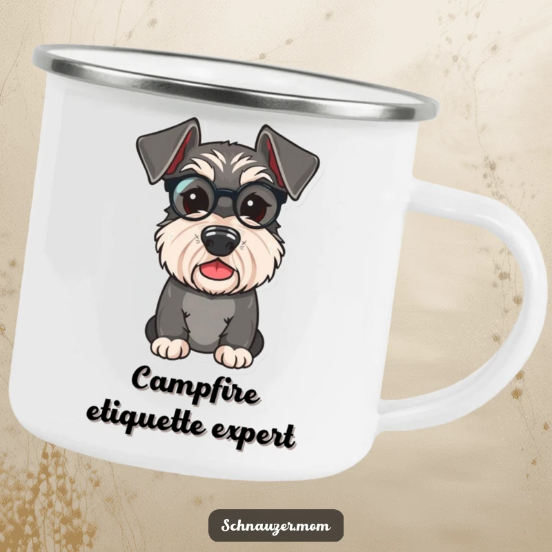 Funny Schnauzer camping mug of a cute dog wearing a tiny monocle, looking distinguished and playfully ready for the outdoors.