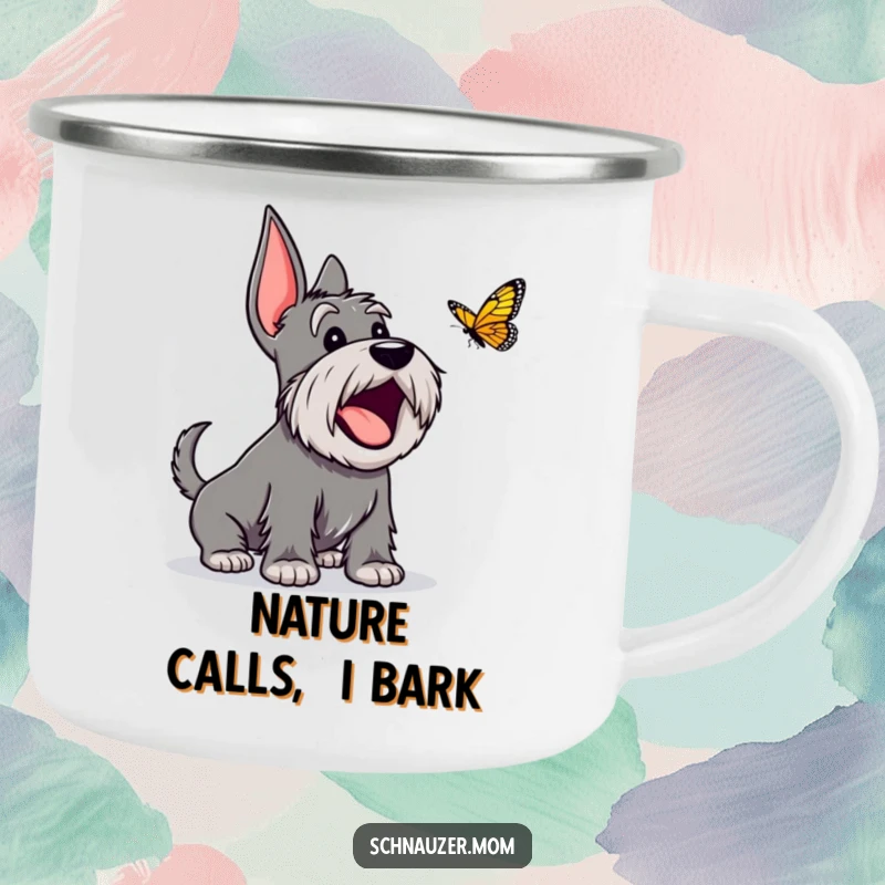 Funny Schnauzer camping mug depicting an excited dog character barking happily at a butterfly, ready for outdoor escapades.