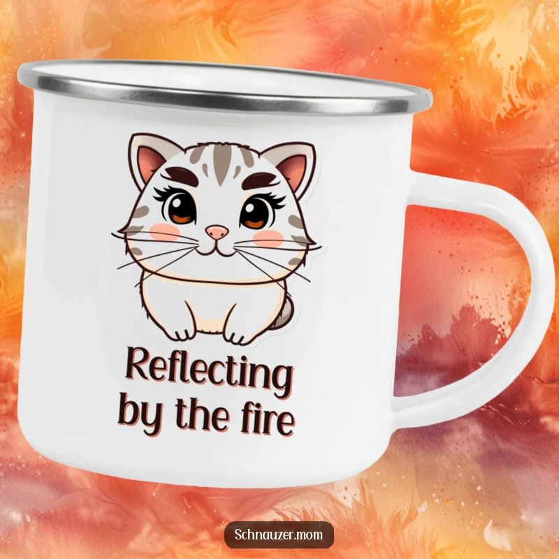 Funny Camping Mug designed with a distinguished character sporting bushy eyebrows and whiskers, ideal for enjoying drinks outdoors with a smile.