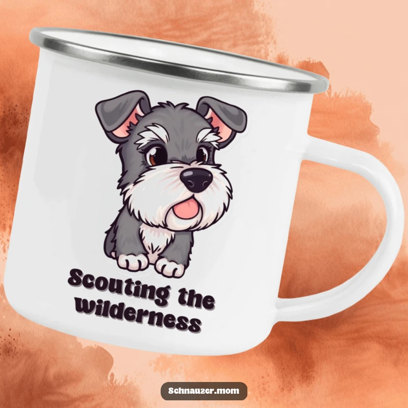 Funny Schnauzer camping mug with alert ears, featuring a dog observing its surroundings, perfect for enjoying drinks during outdoor adventures.