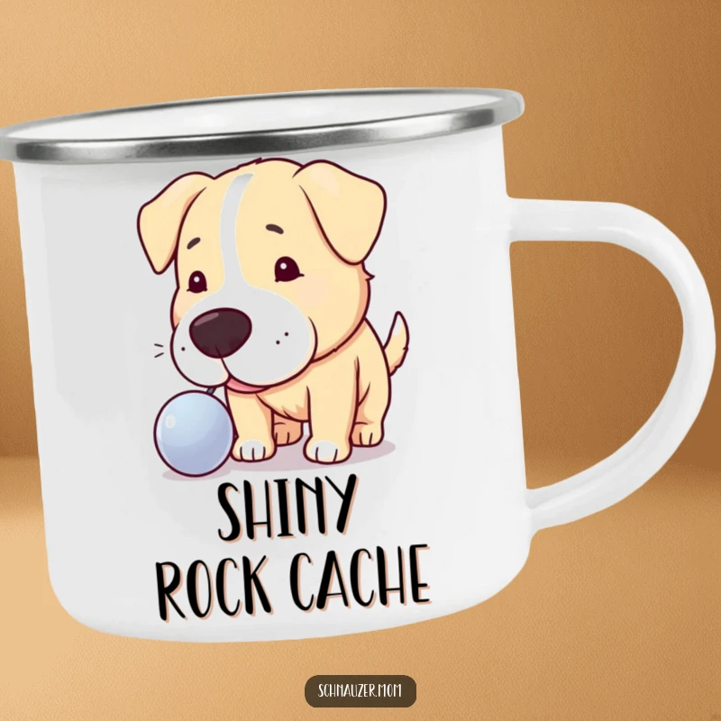 Funny camping mug featuring a curious dog nudging a shiny object, symbolizing exploration during outdoor adventures, a great gift.