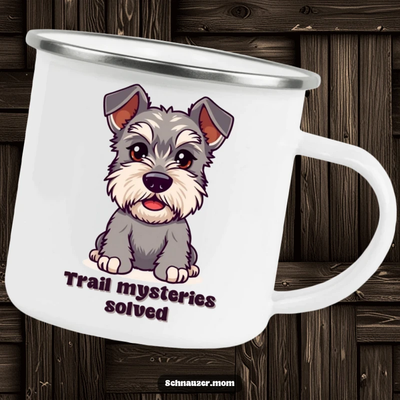 Funny Kawaii Schnauzer camping mug, a dog with bushy eyebrows furrowed in playful curiosity, perfect for outdoor enthusiasts.