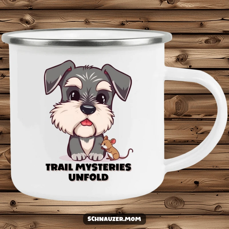 Funny Schnauzer camping mug featuring a dog with bushy eyebrows curiously looking at a tiny mouse, durable and charming.