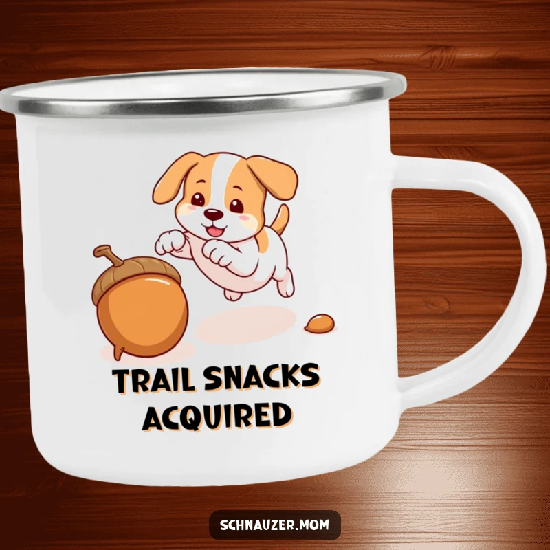 Funny camping mug featuring a dog pouncing on an acorn, symbolizing playful energy during outdoor adventures, a great gift.