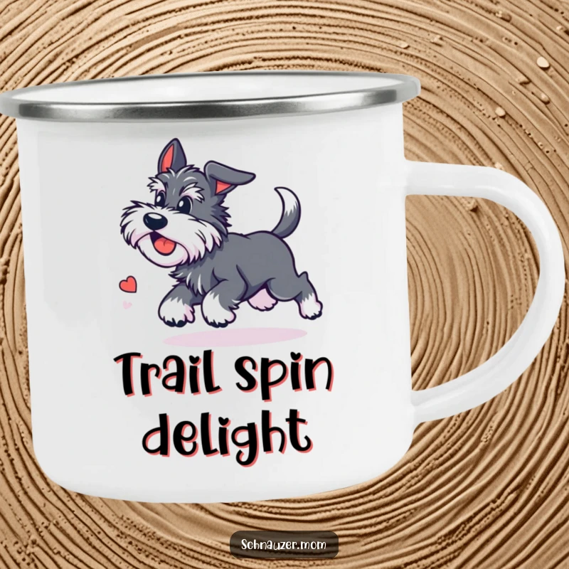 Funny Kawaii Schnauzer camping mug featuring a cute dog chasing its tail with dizzying delight, perfect for drinks on the move.