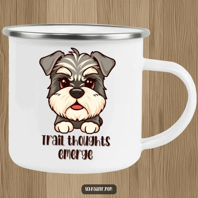 Funny Pensive Schnauzer Camping Mug, showing a scruffy Schnauzer with bushy eyebrows looking thoughtfully, ideal for outdoor reflection.