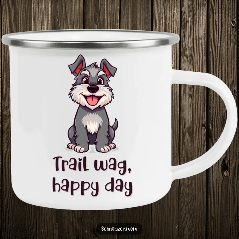 Funny Schnauzer camping mug depicting an ecstatic dog character joyfully wagging its tail, ready for outdoor fun.