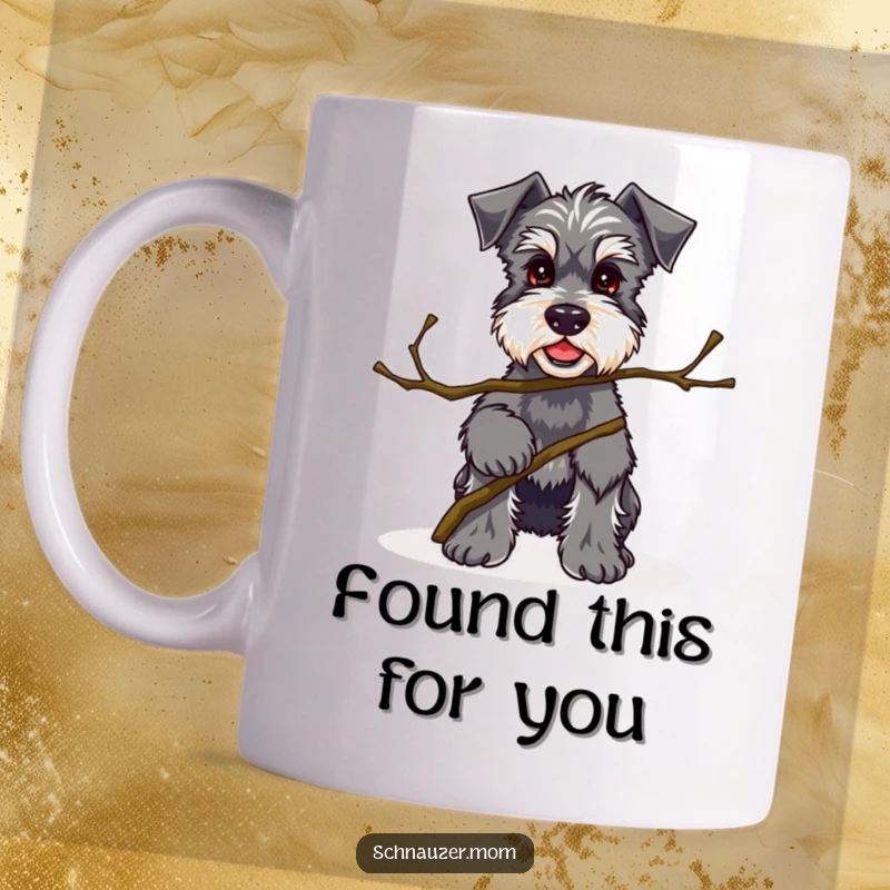Funny Kawaii Schnauzer mug with a proud dog offering a small, interesting twig, celebrating unique finds and personalities.