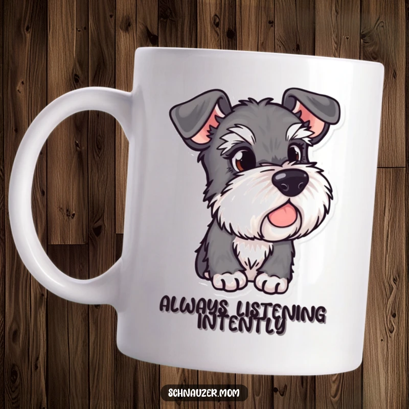 Funny Schnauzer mug with alert ears, depicting a dog keenly observing its surroundings, perfect for the vigilant pet owner.