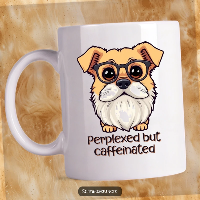 Funny dog with a distinguished beard wearing tiny spectacles, looking up with a curious expression. Perfect mug.