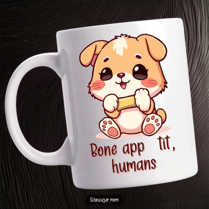 Funny Mug: Character gleefully holding a small bone, showcasing pure delight and treat obsession, perfect for a happy and funny gift.