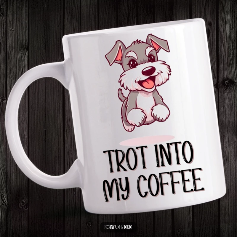 Funny Schnauzer lady mug showing a dog confidently trotting with a happy, cheerful expression, radiating positivity and joy.