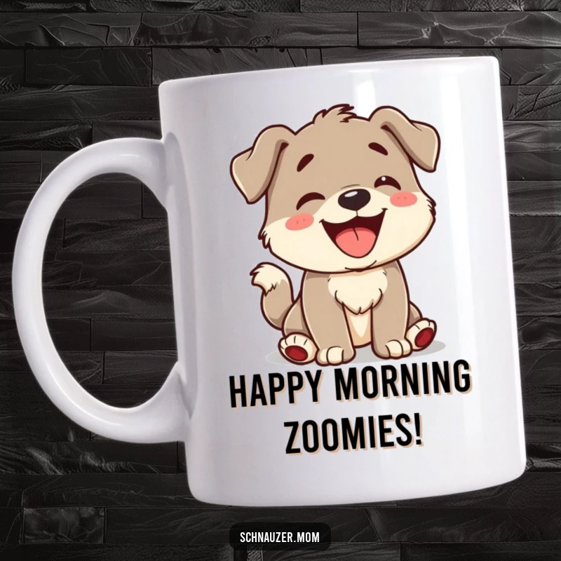 Funny Mug depicting a cheerful character barking enthusiastically with its tail wagging in pure, playful delight.