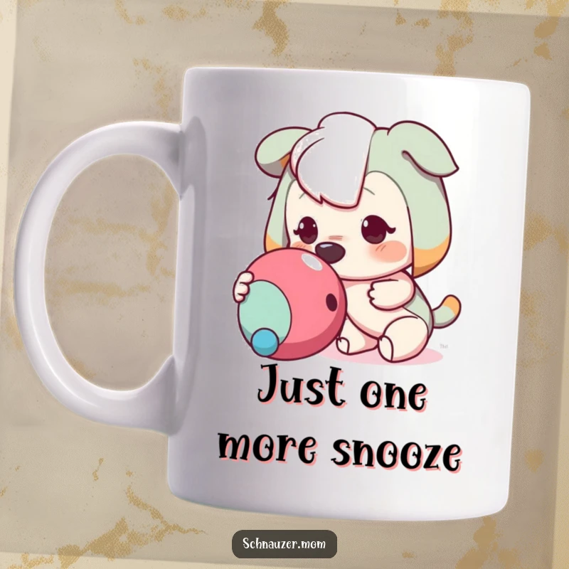 Funny mug featuring a cute character eagerly nudging a favorite toy with its nose, conveying pure excitement and joy.
