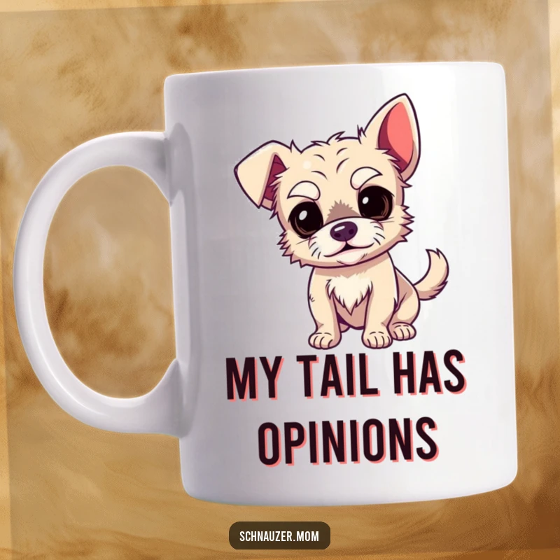 Funny Expressive Eyebrow Dog Mug: A wiry dog with big, comical eyebrows wags its tail enthusiastically, bringing joy.