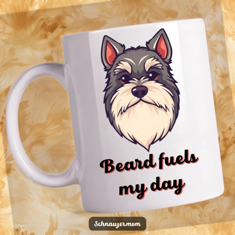Funny kawaii Schnauzer mug, a dog with an impressive, bushy beard, looking distinguished and adorable, perfect for a cute gift.