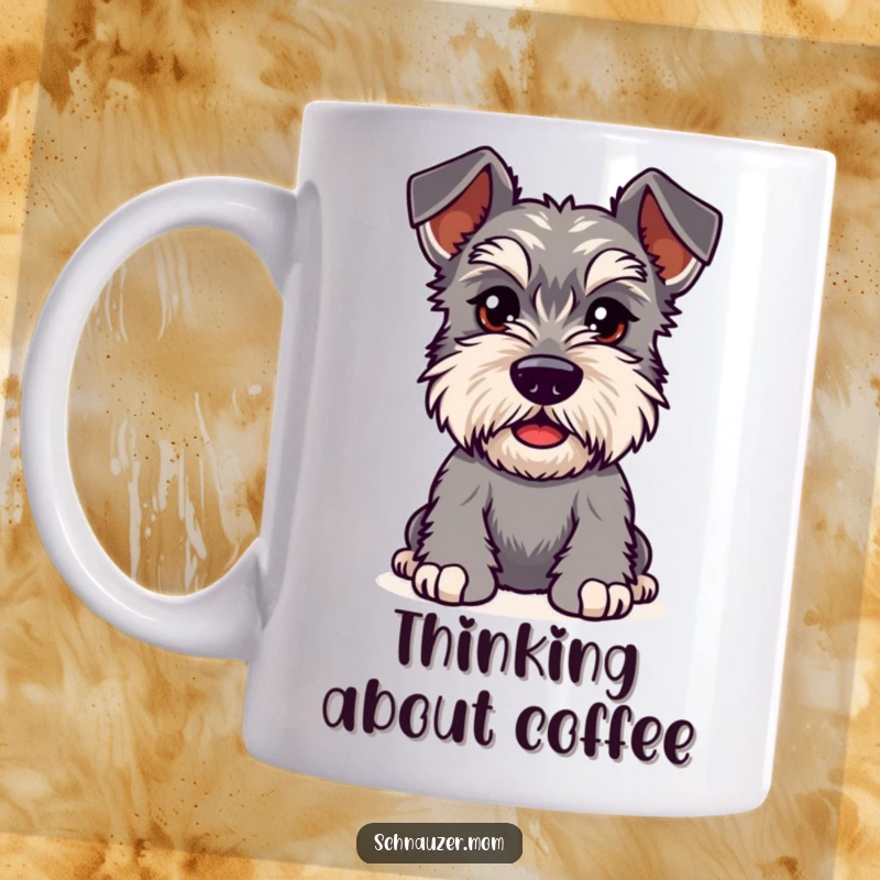 Funny Kawaii Schnauzer mug, dog with bushy eyebrows furrowed in playful curiosity, expressing mischievous charm.