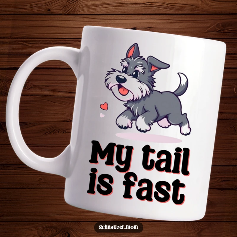 Funny Kawaii Schnauzer mug showing a cute dog chasing its tail with dizzying delight, capturing pure, energetic fun.