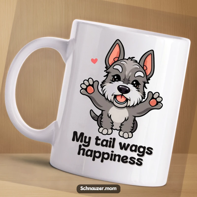Funny Kawaii Schnauzer mug featuring an excited dog wagging its tail vigorously, conveying pure joy and a friendly greeting.