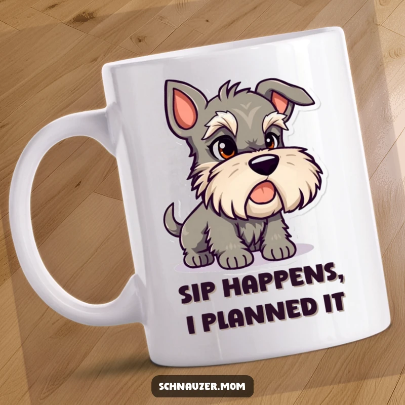 Funny Schnauzer mug featuring a playful dog character with a mischievous glint in its eye, plotting delightful mischief.
