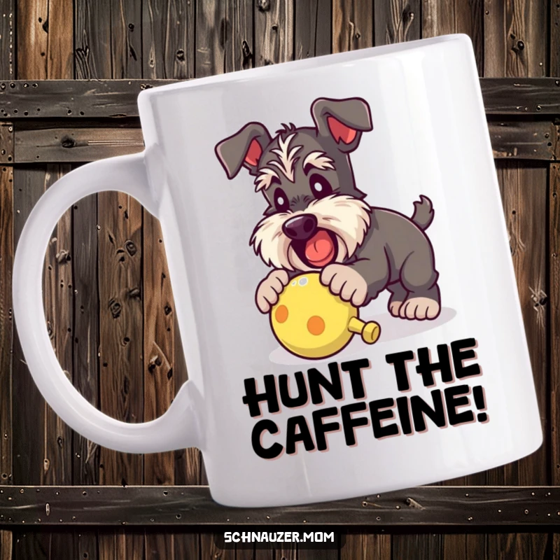 Funny Schnauzer lady mug showing a dog playfully pouncing with great enthusiasm on a colorful squeaky toy, capturing pure canine joy.