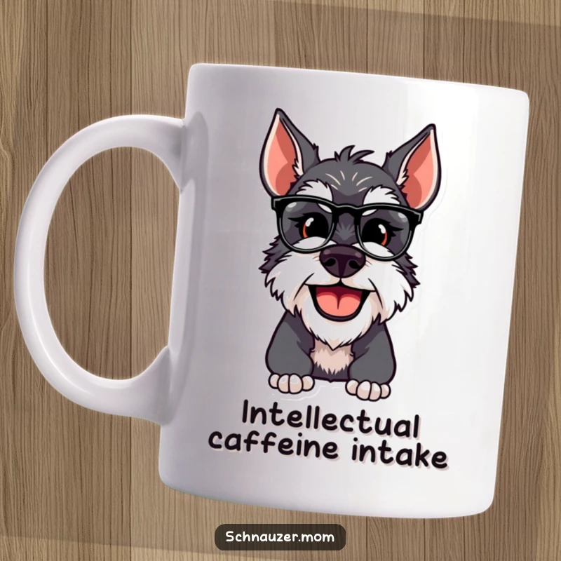 Funny Schnauzer dog smiling and adjusting its reading spectacles, looking intelligent and distinguished on a mug.