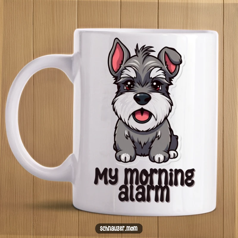 Funny Schnauzer mug featuring a sturdy dog with bushy eyebrows barking happily and enthusiastically, full of canine joy.