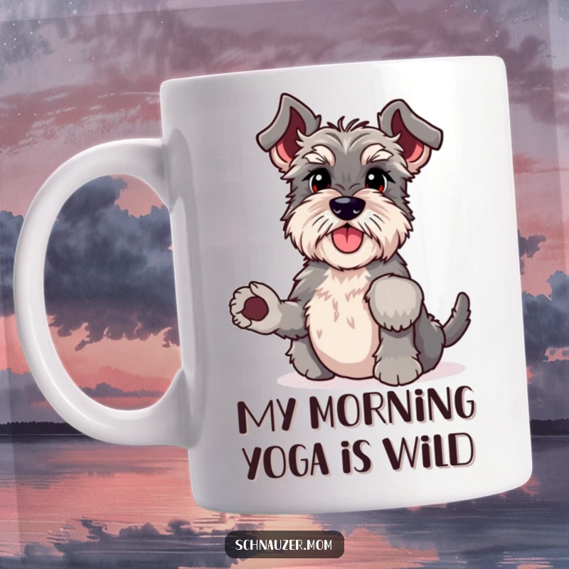 Funny Schnauzer mug doing a yoga headstand with wiggling paws, showcasing a quirky and athletic dog personality, perfect for coffee lovers.