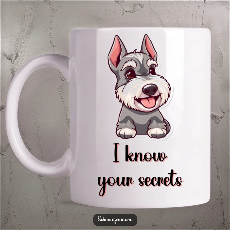 Funny Schnauzer dog mug, looking directly at the viewer with a happy expression and a knowing, slightly mischievous glance.