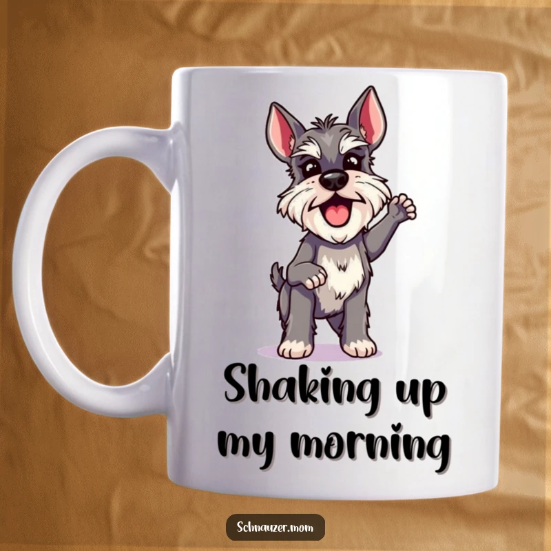 Funny Schnauzer Lady Mug, doing a quick and excited shake with playful energy, capturing a spirited dog's personality.