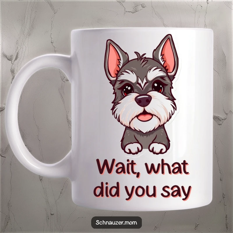 Funny Schnauzer Lady Mug featuring a dog with an adorable, quizzical head tilt. Captures curiosity, perfect for a funny gift.