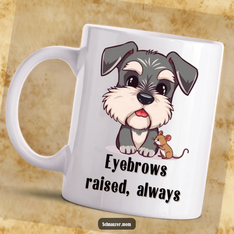 Funny Schnauzer mug with a cute dog sporting bushy eyebrows, looking curiously at a tiny mouse, expressing wonder.