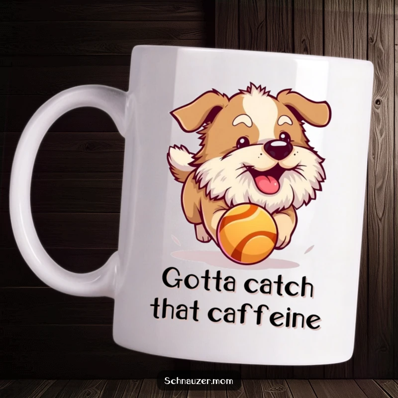Funny dog with a thick fluffy beard excitedly chasing a red bouncing ball mid-air. Perfect mug.
