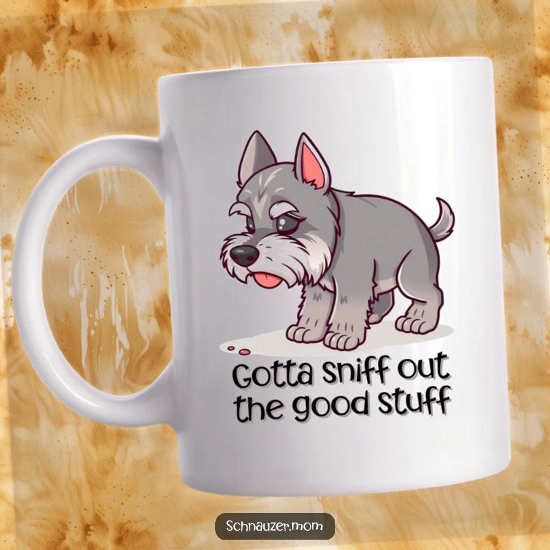 Funny Schnauzer Lady Mug featuring a dog intently sniffing the ground with curiosity. A humorous depiction for a dog lover, funny gift.