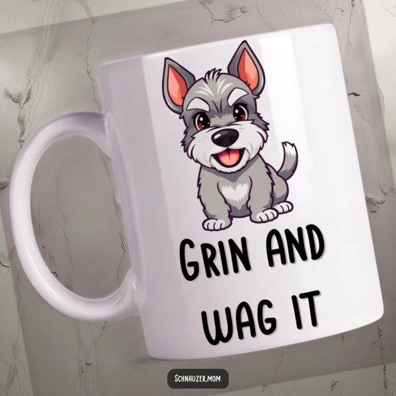 Funny happy Schnauzer mug showing a dog with a wagging tail and a wide, enthusiastic grin, conveying pure joy.