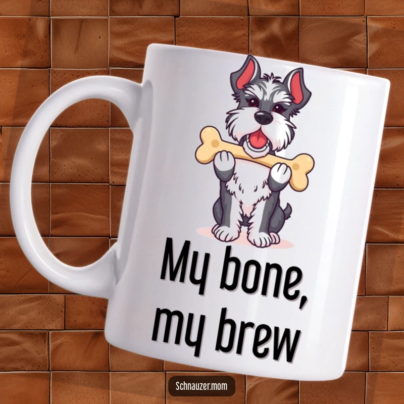 Funny Schnauzer lady mug showing a dog carrying its favorite bone with pride, a symbol of accomplishment and canine joy.