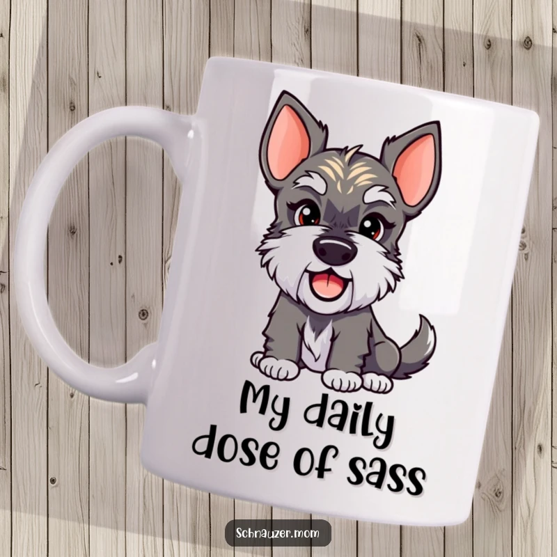 Funny Schnauzer Lady Mug featuring a mischievous dog with a wagging tail and a playful, knowing smirk. Ideal for a funny gift.