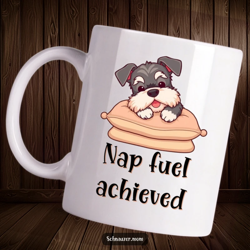 Funny Schnauzer mug sighing contentedly while resting head on a cushion, depicting a relaxed and happy dog for cozy moments.