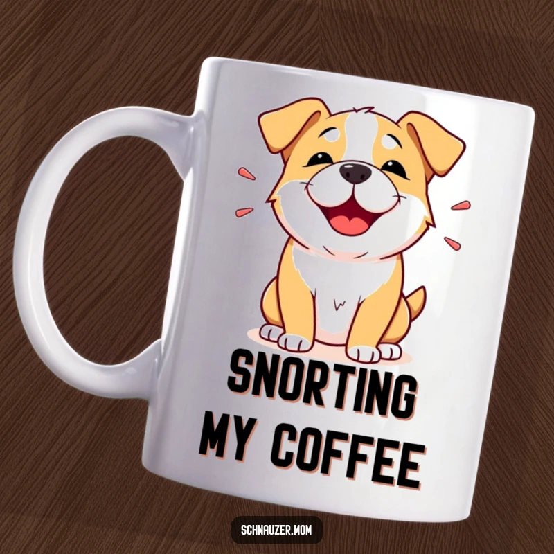 Funny Snorting Dog Mug: A dog visually depicts a happy snort of amusement, with eyes crinkled and a wide smile.