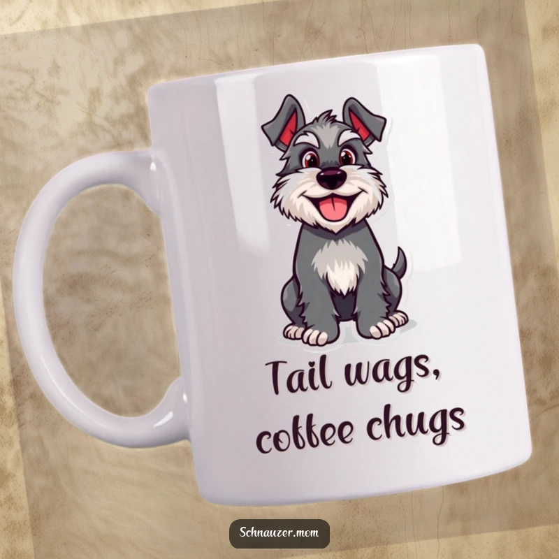 Funny Schnauzer mug featuring a joyful dog character enthusiastically wagging its small tail, radiating pure happiness and good vibes.
