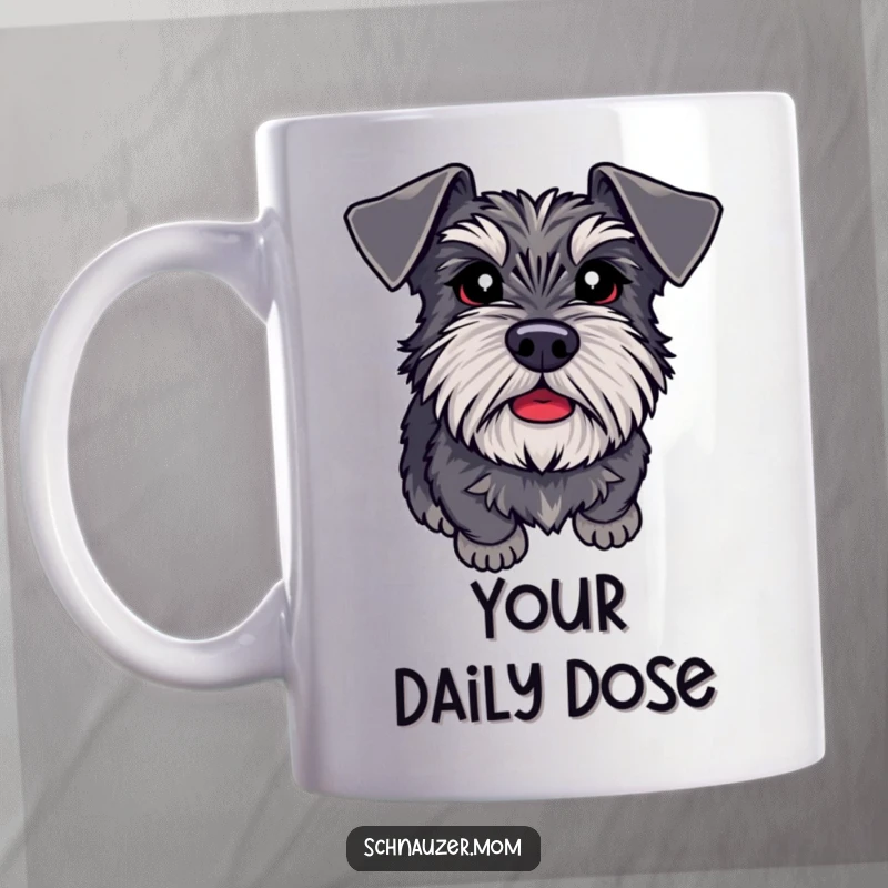 Funny Schnauzer mug looking up with adoring eyes, expressing eagerness to please, perfect for dog lovers' morning coffee.