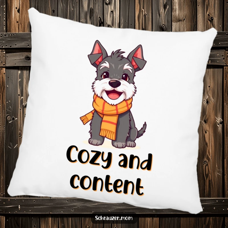 Funny Schnauzer pillow featuring a delighted dog character wearing a small scarf and looking incredibly happy with a bright smile.