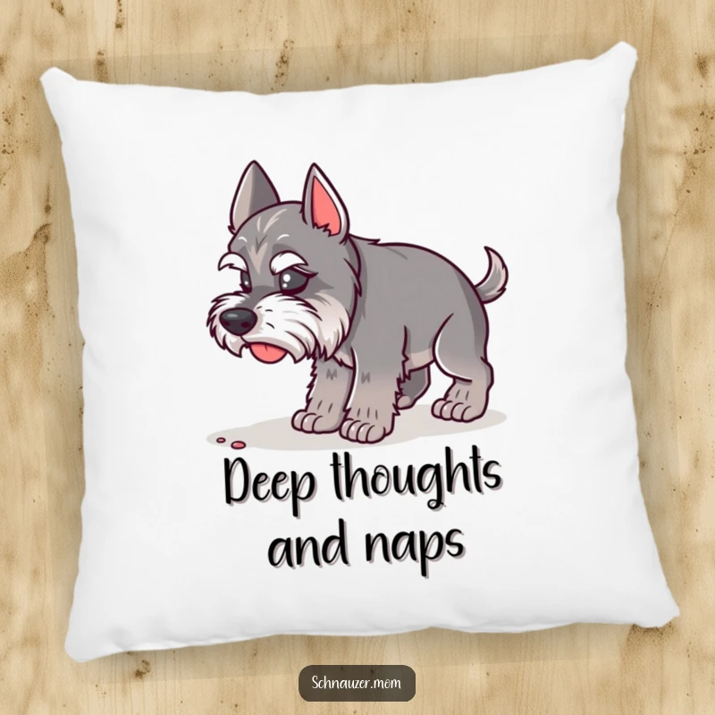 Funny Schnauzer Lady Pillow showing a dog absorbed in sniffing the ground. Comfortable and comical, a funny gift.