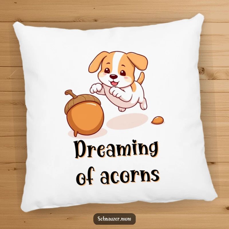 Funny pillow with a dog pouncing on an acorn, bringing a playful and energetic touch to any room's decor.