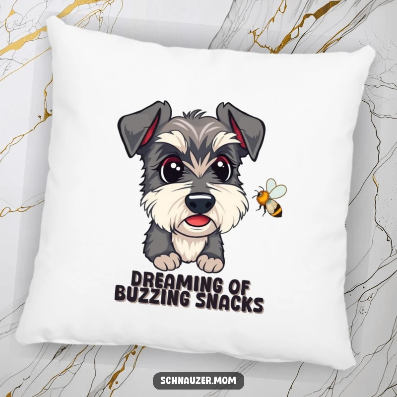 Funny Kawaii Schnauzer Pillow, featuring a dog intently watching a bee, perfect for cozying up.